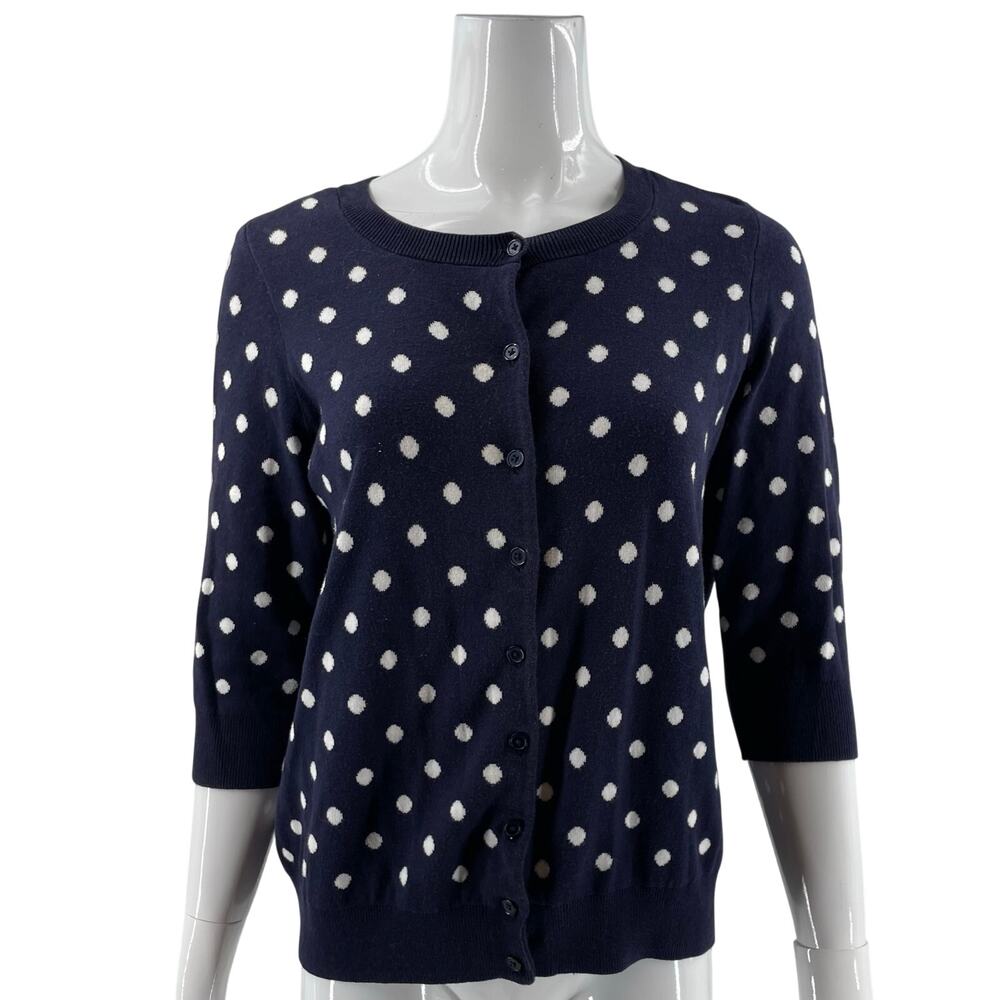 Talbots Womens Cardigan Sweater XL Petite Navy Blue White Polka Dot 3/4 Sleeve